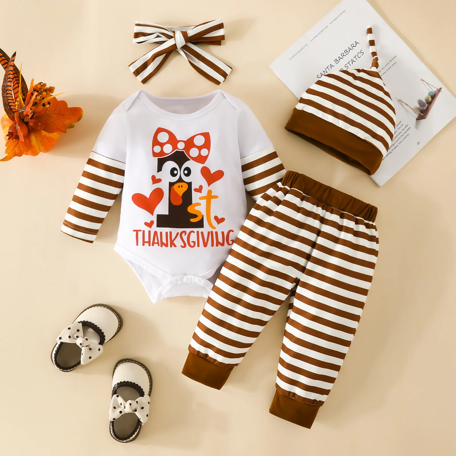

Baby 4Pcs Clothes Outfits Thanksgiving Letter Stripe Print Long Sleeve Rompers and Pants Beanie Hat Headband Set 0-18M