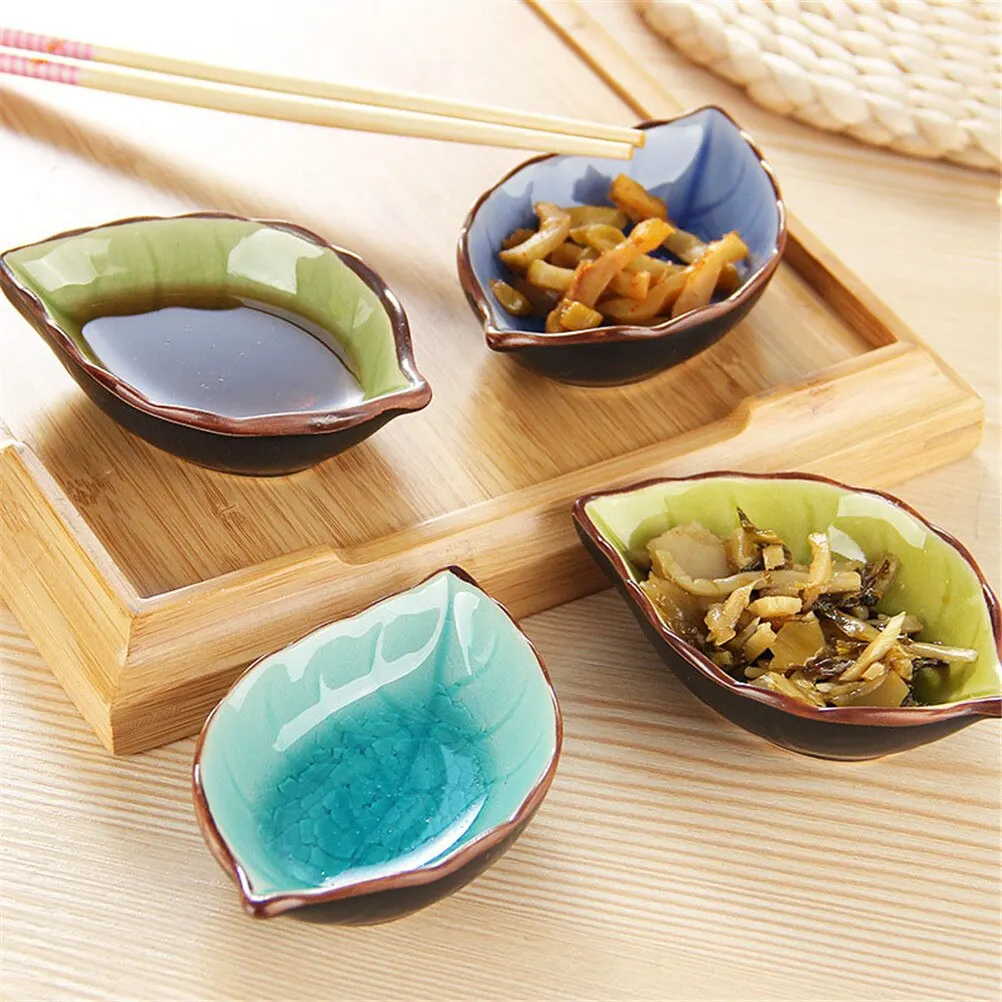 1pcs Leaves Ceramic Saucer Kitchen Multi-Purpose Seasoning Dish Small Dish Crackle Glaze Seasoning Sauce Vinegar Tableware