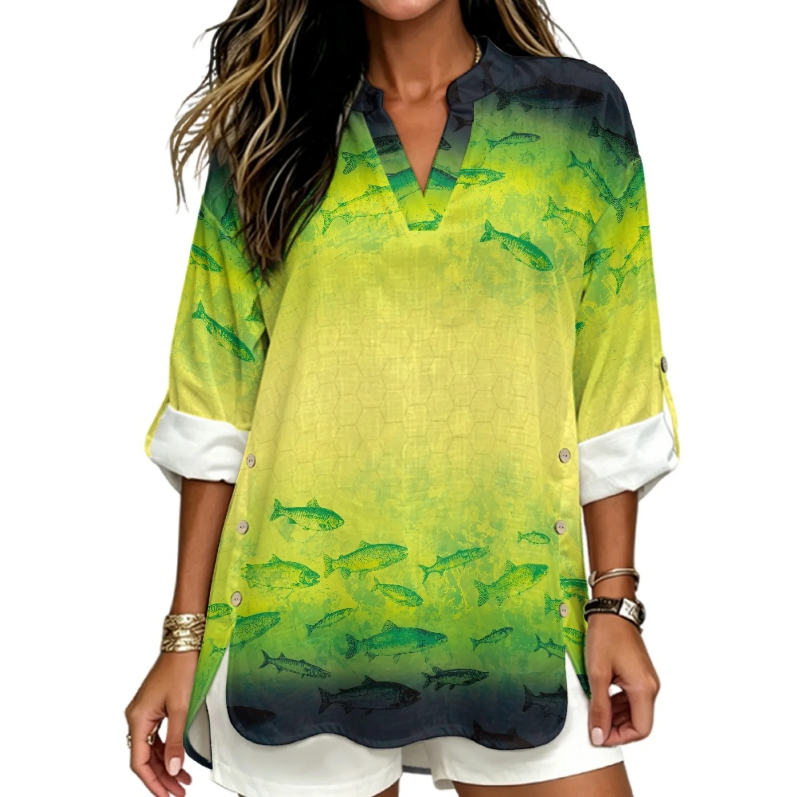 PENSTROLL Green Fish Gradient Workout Tops with 3/4 Long Sleeve Notch V Neck Linen Like Blouses for Ladies All Occasions