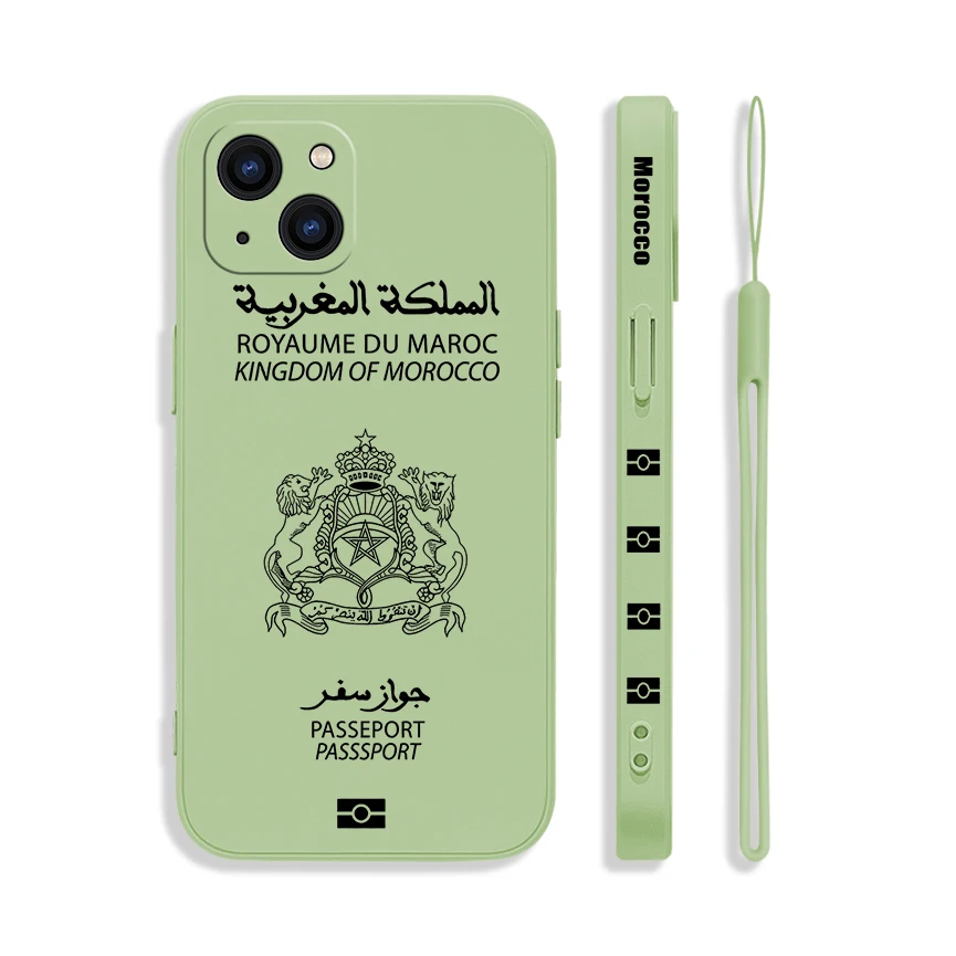 Morocco Passport Phone Case For iPhone 15 14 13 12 11 Pro Max Mini X XR XS MAX SE20 6 6S 8 7 Plus Silicone Cases with Hand Strap