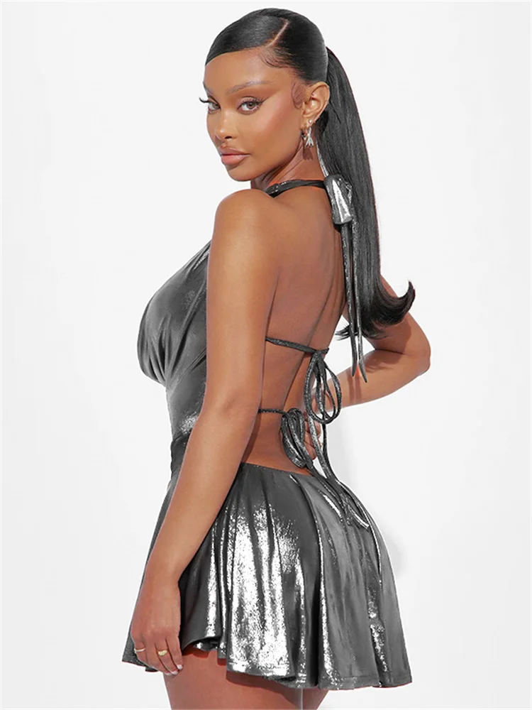 Estranho gato bandagem halter vestido feminino bruched baixo pescoço sem costas sem mangas babados meia-noite rua tendência metálico mini bodycon