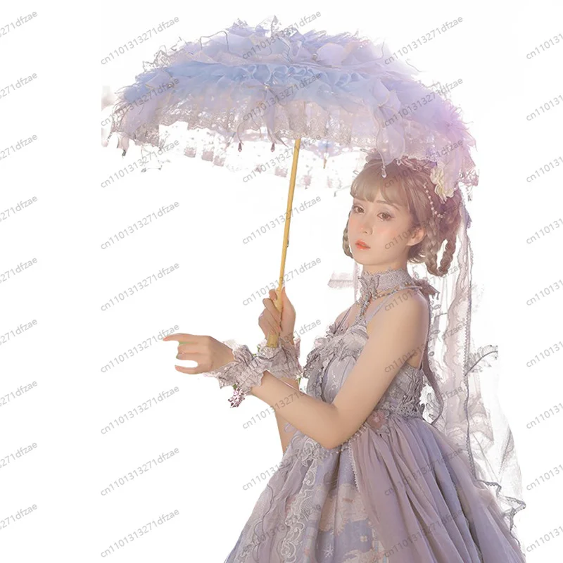 

Lolita Handmade Butterflies El Dreams Versailles Christmas Light Blue Cosplay Flower Parasol Umbrella with Fan Paraguas Inverso