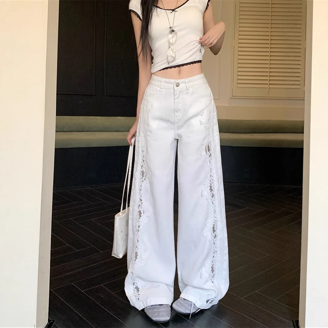 

High Waist Wide Leg Jeans Women's Faion Lace Patchwork Straight Cut Denim Pants Retro Sle Four Seasons Pure Color