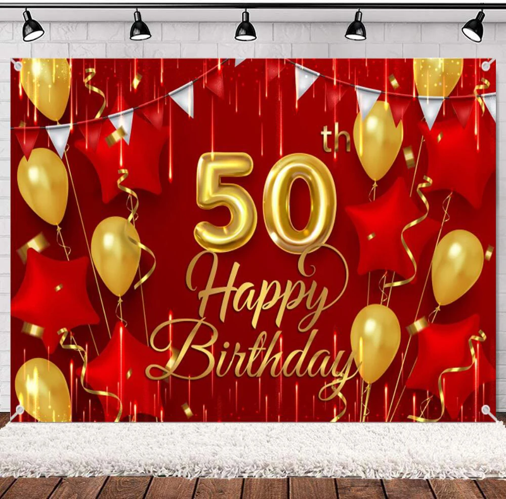 50th Birthday Photography Backdrop Banner Red And Gold For Women Men Happy 50 Years Old Bday Background Party Decor Supplies