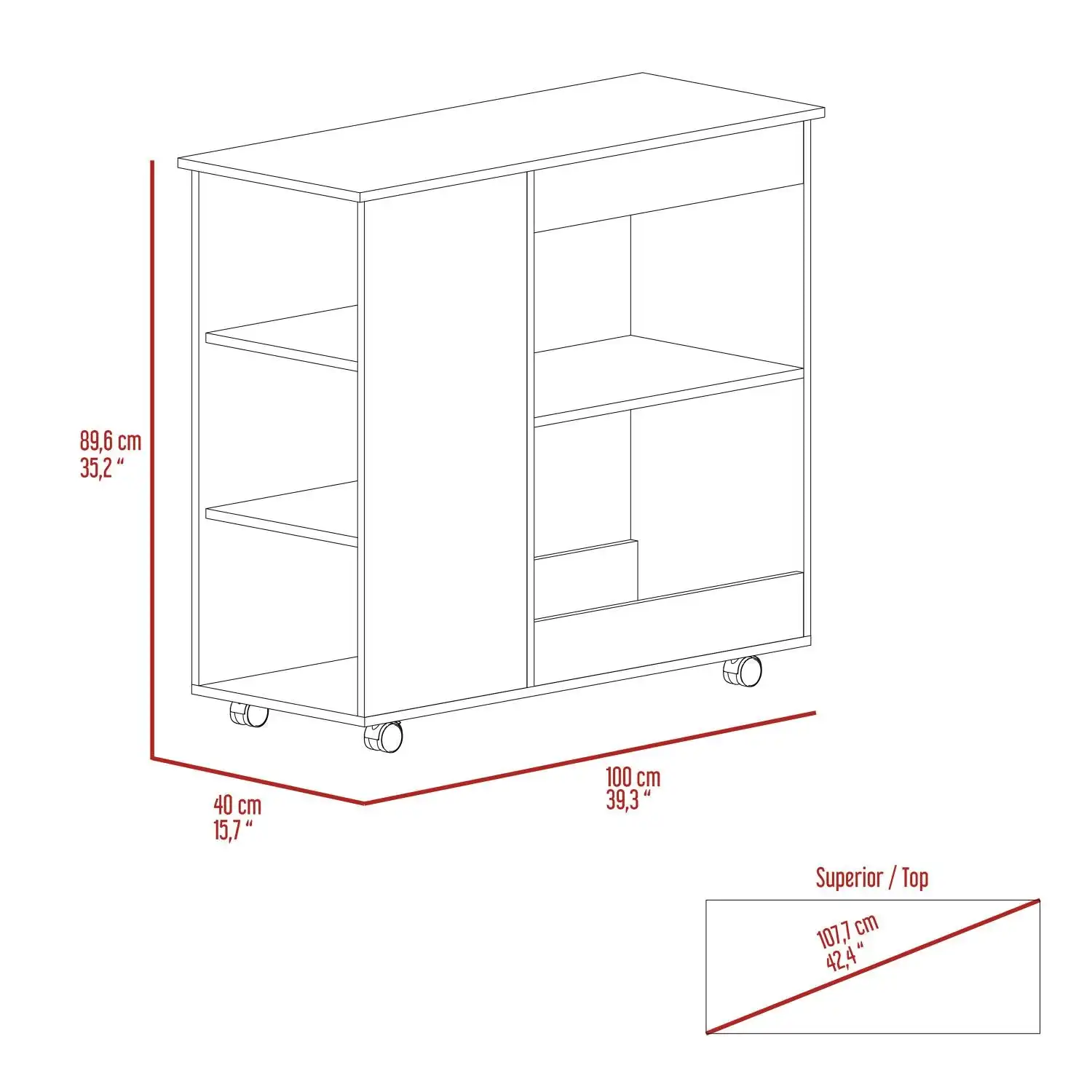 Nigella Kitchen Cart, Two Storage Shelves, Four Casters, Three Side Shelves White / Dark Brown