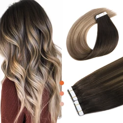 XDhair-fita em extensões de cabelo, cabelo humano, balayage ombre, marrom escuro a loiro sujo, 14 