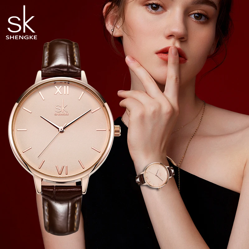 Shengke SK Watches Women Brand Leather Quartz Wristwatches Luxury Design Clock for Ladies Charm Flowers Dial Montre Femme