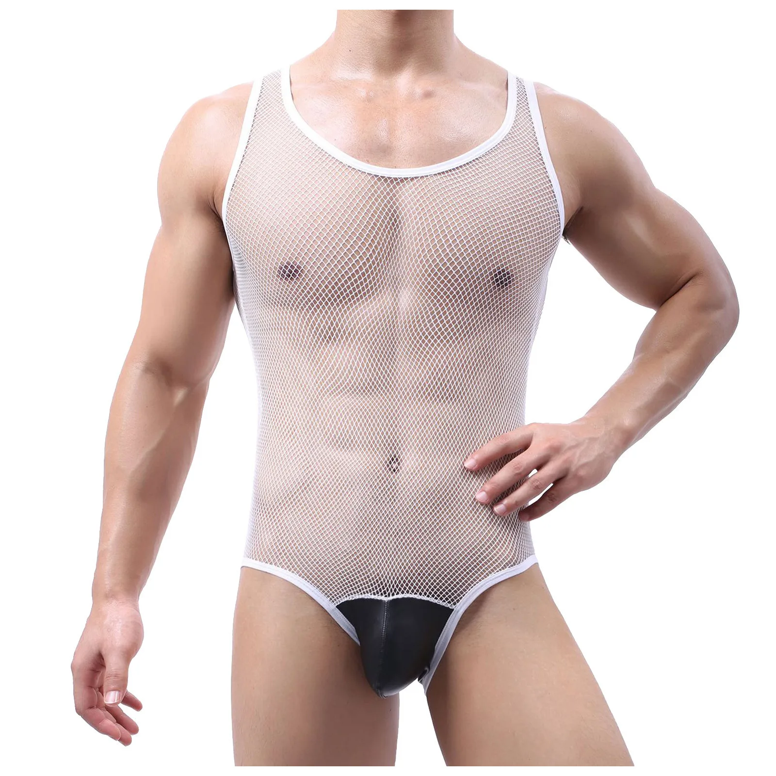 Sexy Mens Undershirts Gay Sissy Lingerie Mesh Sheer Bodysuit Wrestling Singlet Leotard Jumpsuit One-Piece Pajama Sheer Underwear