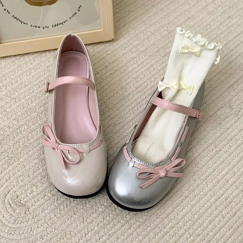 

Cute Lolita Shoes Women Ballet Sneakers Round Toe Bowtie Mary Jane Shoes College Ladies High Heels Elegant Pumps Wedding Shoes