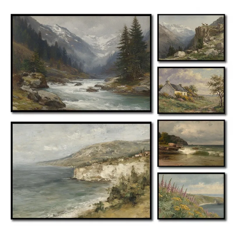 Vintage European Landscape Coastal Cliffs Alpine Valley Moody Scenery Poster Canvas Painting Wall Art Pictures Home Decor