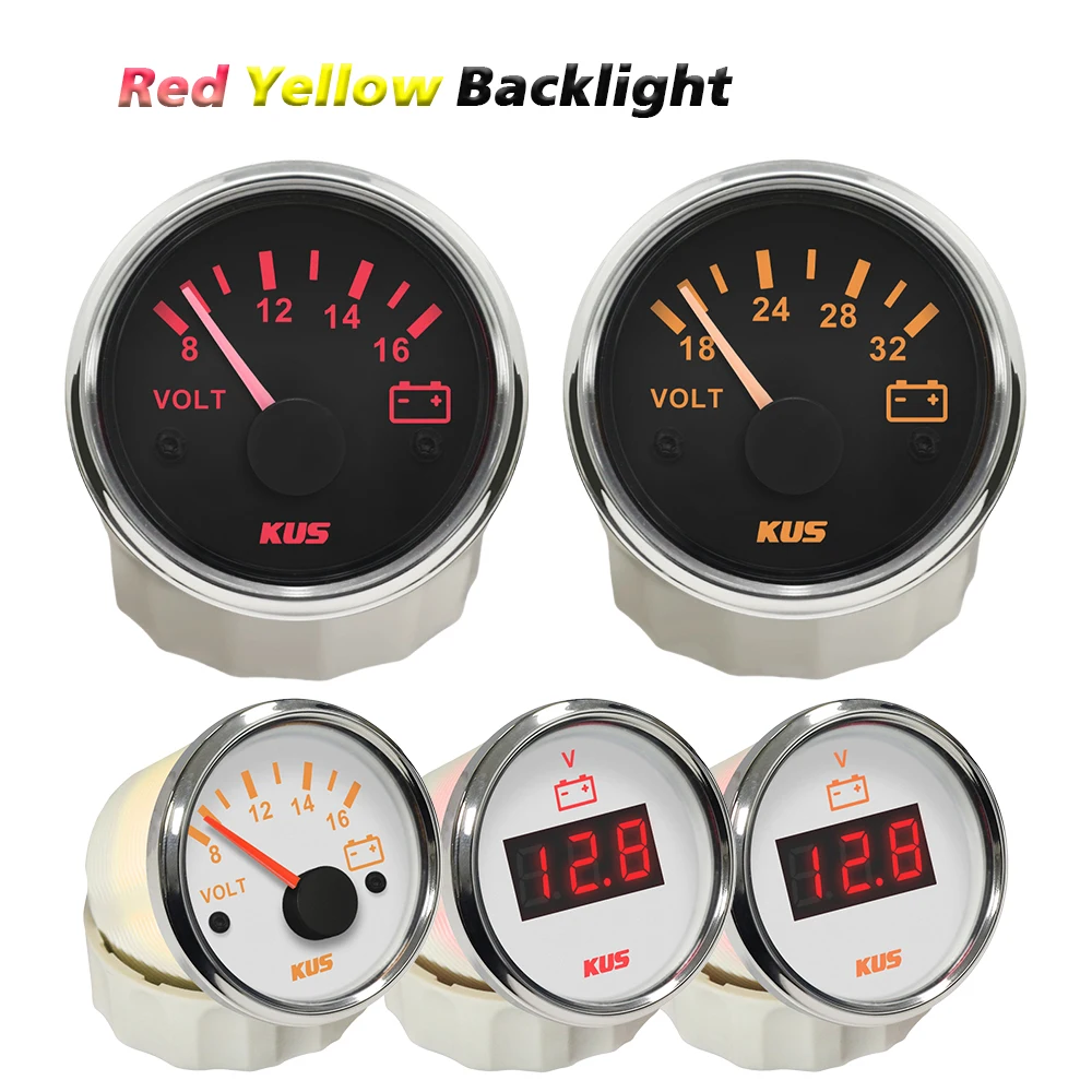 KUS 52mm Universal Voltmeter 8-16V 18-32V Digital Voltage Gauge Meter with Red Yellow Backlight for Car Truck Limousine Boats