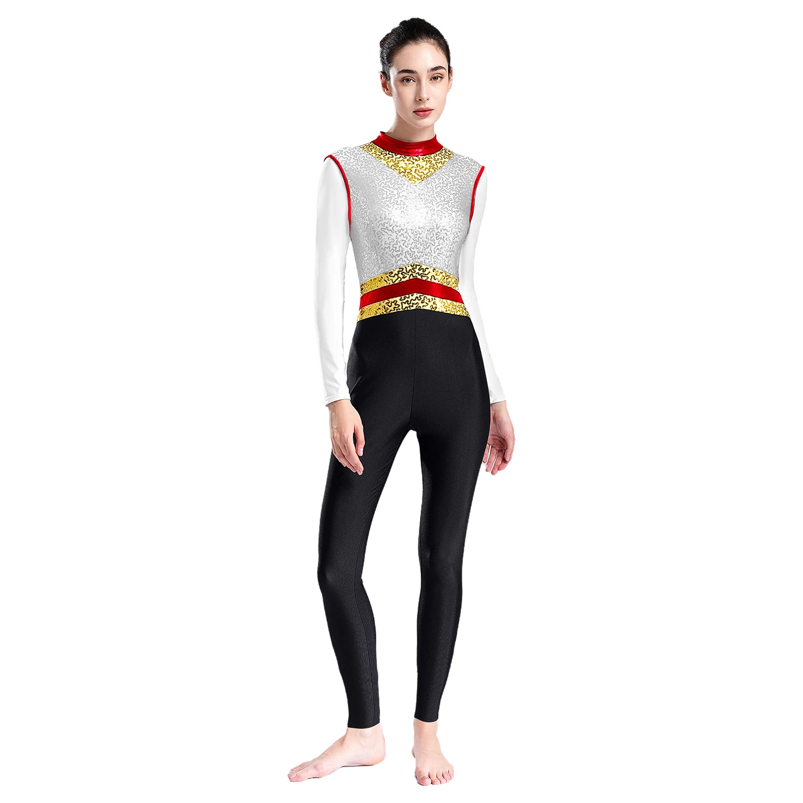 

Women Sequins Leotard Jumpsuit Gymnastics Figure Skating Dresses Long Sleeve Contrast Color Full Bodysuit Dancer Performance