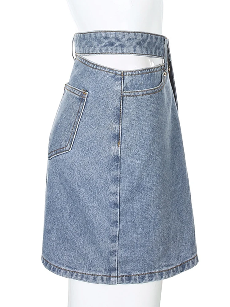 Woman High Waist Hollow Washed Denim Summer Skirt Asymmetric Button Mini Skirt Ladies Fashionable Streetwear Short Skirts 2021