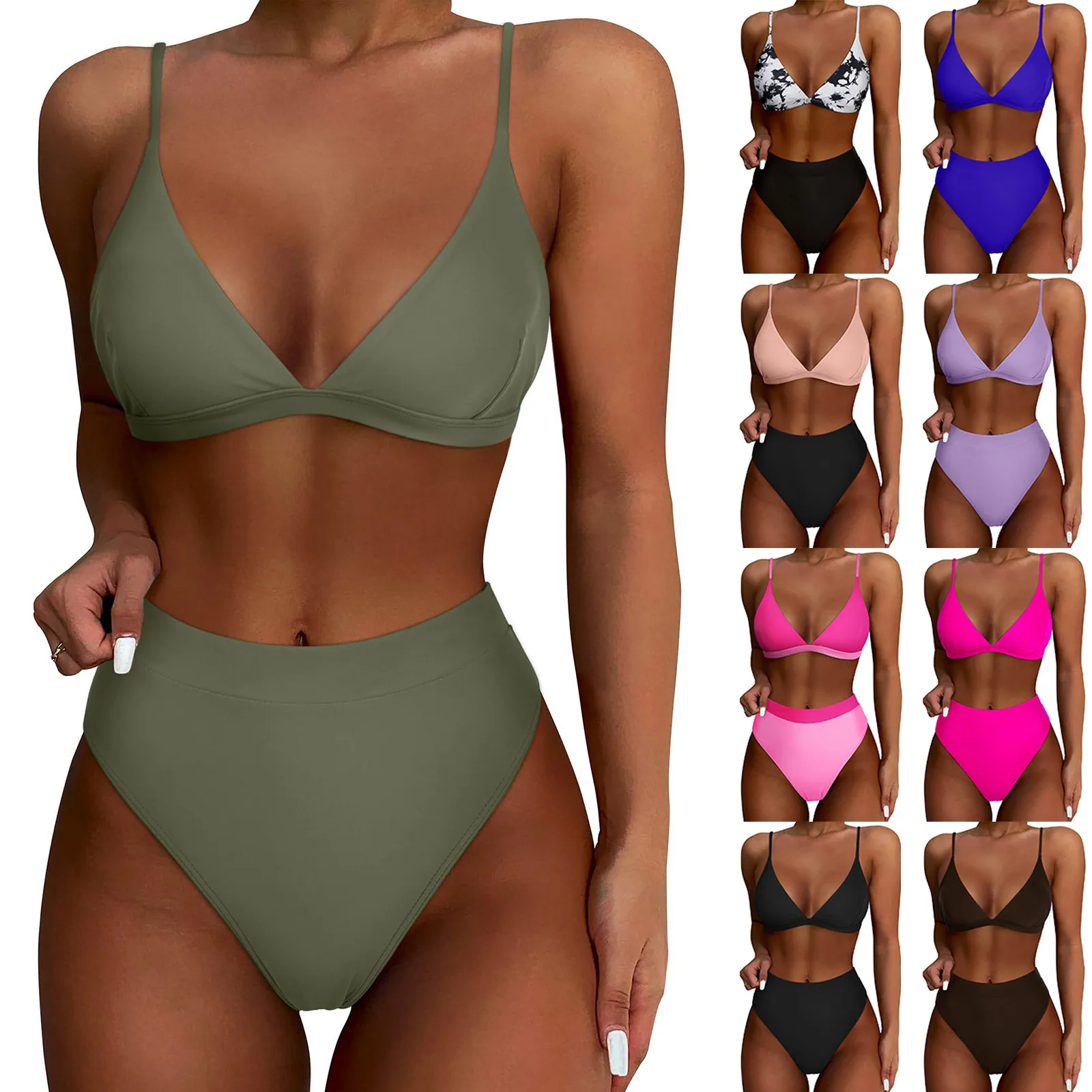 Women Split Sexy Bikini Set Color Matching Solid Swimsuit Two Piece Deep-V Spaghetti Straps Bra Vest With High Waist Briefs Set