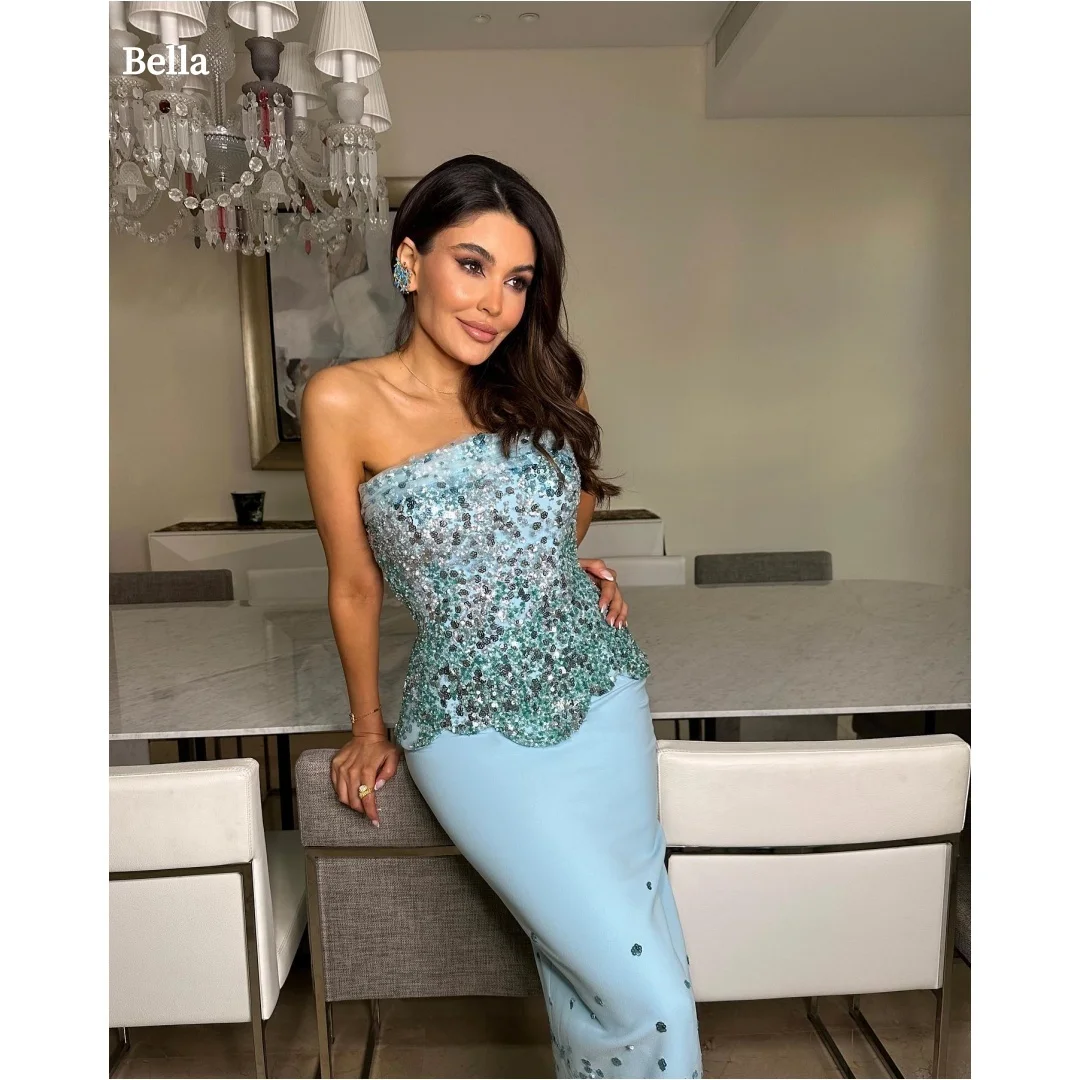 

Bella Customize Blue Sequins Beaded Strapless robes de soirée Backless Sleeveless Prom Dresses Floor-Length Wedding Dress 2025