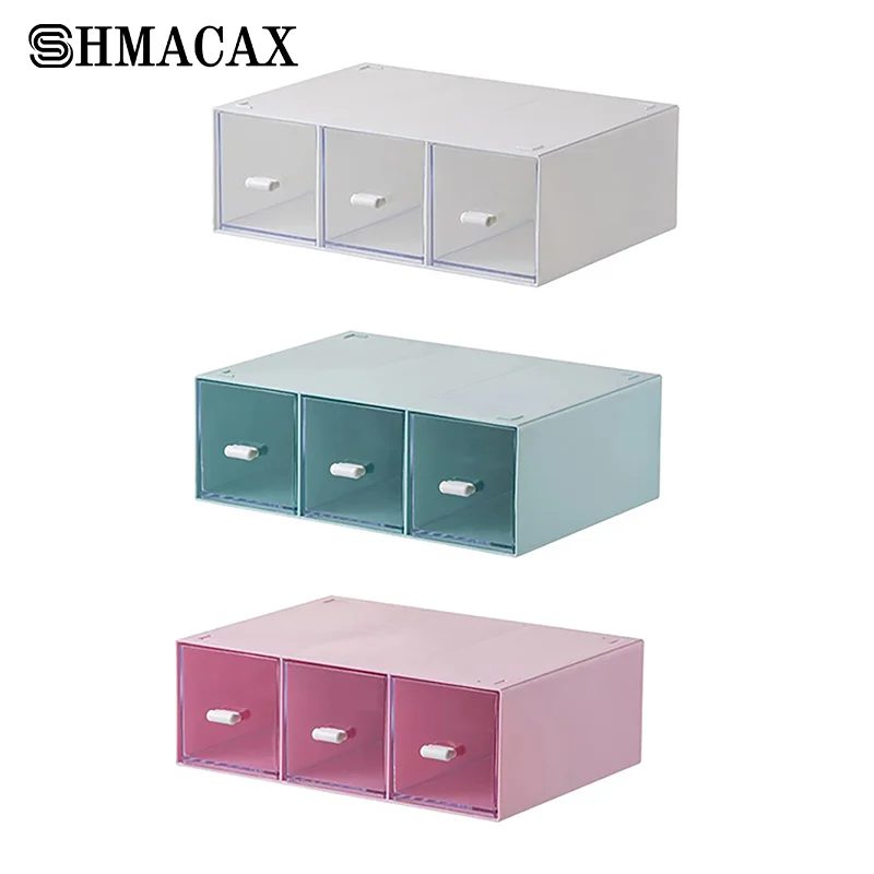 

Stackable Desk Makeup Organizer Clear Storage Case With 3 Detachable Drawers Cotton Dispenser Multifunctional Storage Container