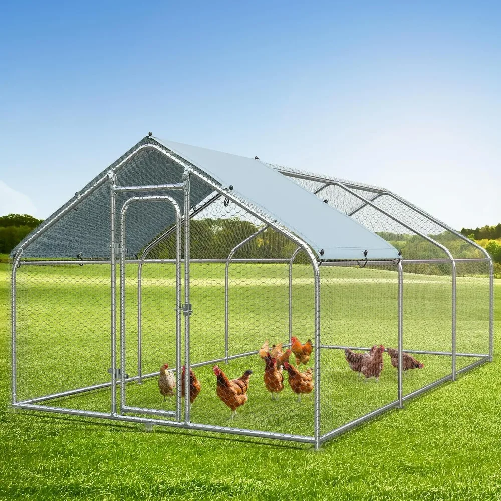 

Large Metal Chicken Coop with Waterproof Cover, Walk-in Poultry Cage w/ Run, Chicken Hen Run Duck House Rabbits Cage for Outdoor