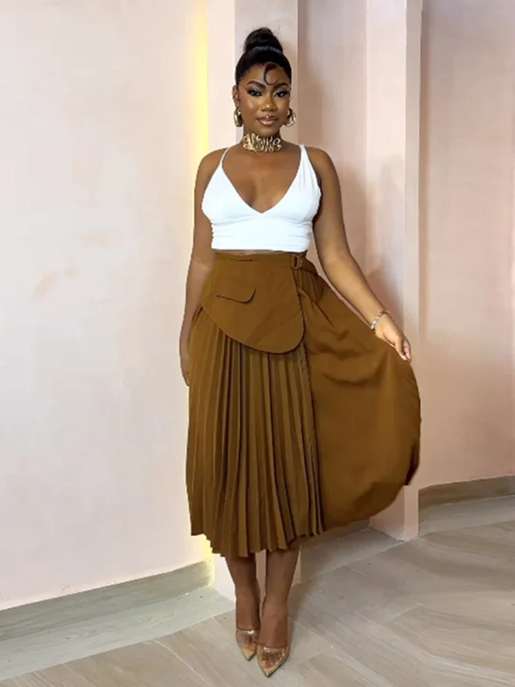 EOENKKY Women 2025 Summer High Waist Patchwork Belt Big Swing Pleated Long Maxi Midi Skirt Holiday OL Street Party A-Line Skirts