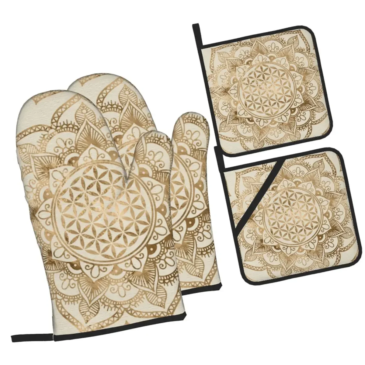 

Flower Of Life In Lotus Oven Mitts and Pot Holder Sets of 4 for Baking Kitchen Cooking BBQ Resistant Non-Slip Gloves