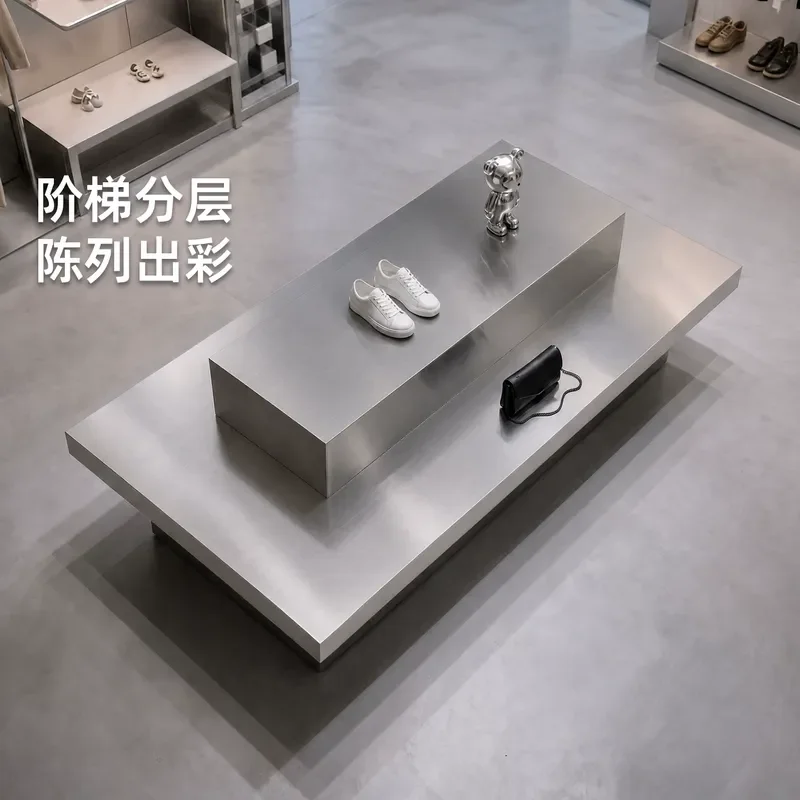 Stainless Steel High Table Clothing Store Display Stand for Shoes Bags Jewelry Flowing Water Design High End Retail Showcase