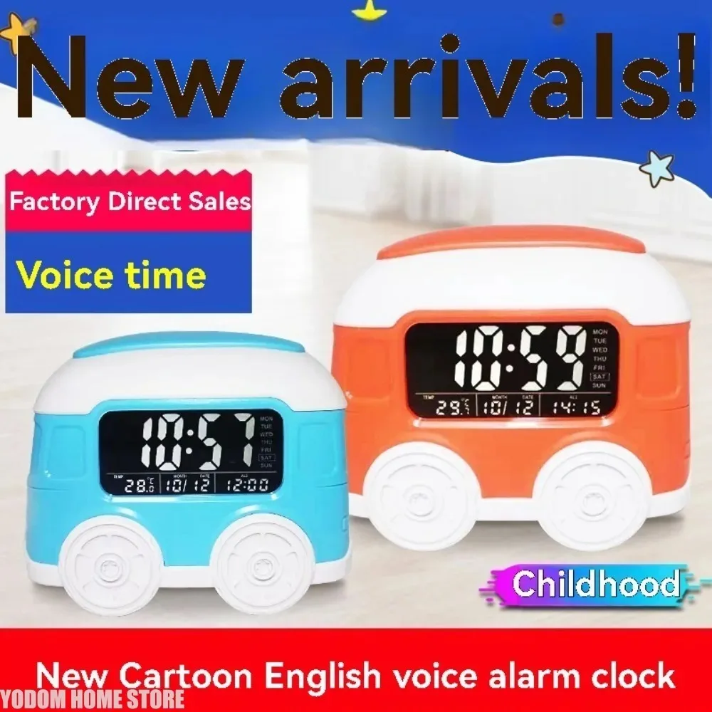 Digital Desk Clock LED Bus Alarm for Kids with Temperature Week Day Display Voice Time Telling Three Sets of Alarm Clocks
