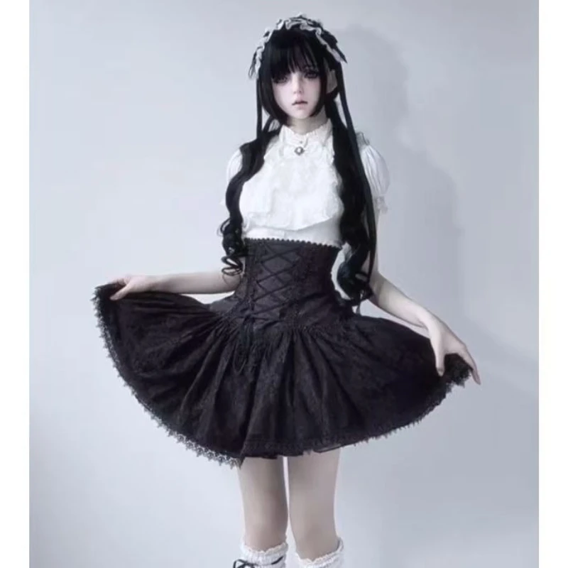 

Japanese Gothic Style Bow Skirt Set Women Sweet Lace Ruffles Shirts High Waist Slim Bandage Mini Skirt Female Lolita Y2k Outfits
