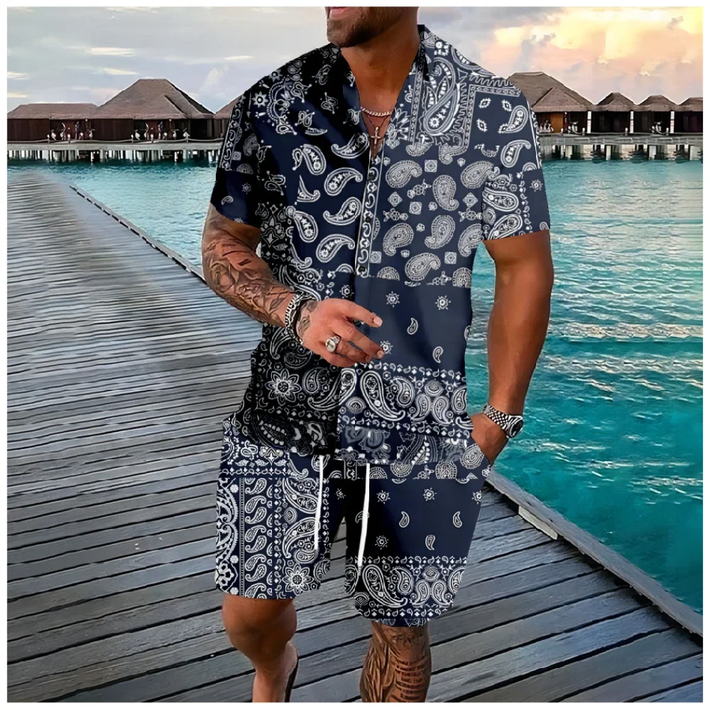 Conjuntos hawaianos, camisas con botones y flores de anacardo, pantalones cortos, mezcla de colores, moda de playa, ropa de calle Hipster, chándales, ropa para hombre