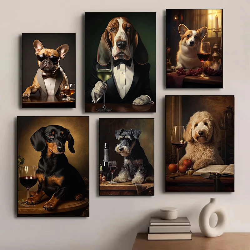 Póster con retrato de Bulldog Francés, Pastor Alemán y Dachshund con vino, pintura en lienzo, arte de pared divertido, decoración para el hogar y la cocina