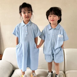 Cute Children's Denim Suit 2024 Summer Korean Fashion Loose Short Sleeves Tops Shorts 2pcs Toddler Cotton Tees Suit Solid Color