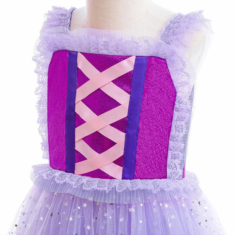 رابونزيل ستار الترتر شبكة ثوب الفتيات تأثيري الأميرة الأرجواني فستان بلا أكمام الاطفال عيد ميلاد الحدث مهرجان زي حفلة تنكرية