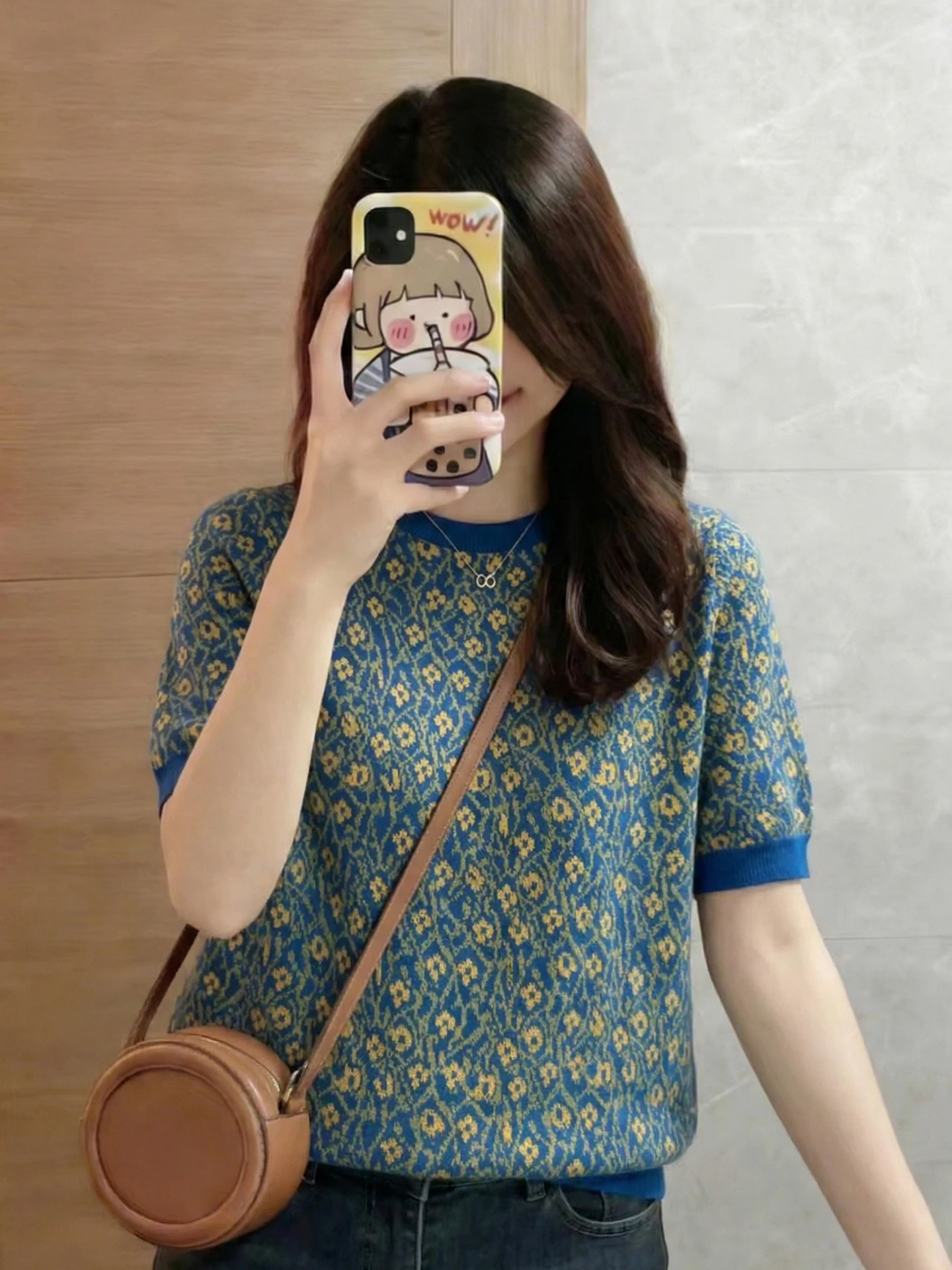 Fashionable Short Sleeve Knitted Top Sun Protection Print Design Anti-Aging Summer 2026 Style Commute Straight Cut Women's Fa...
