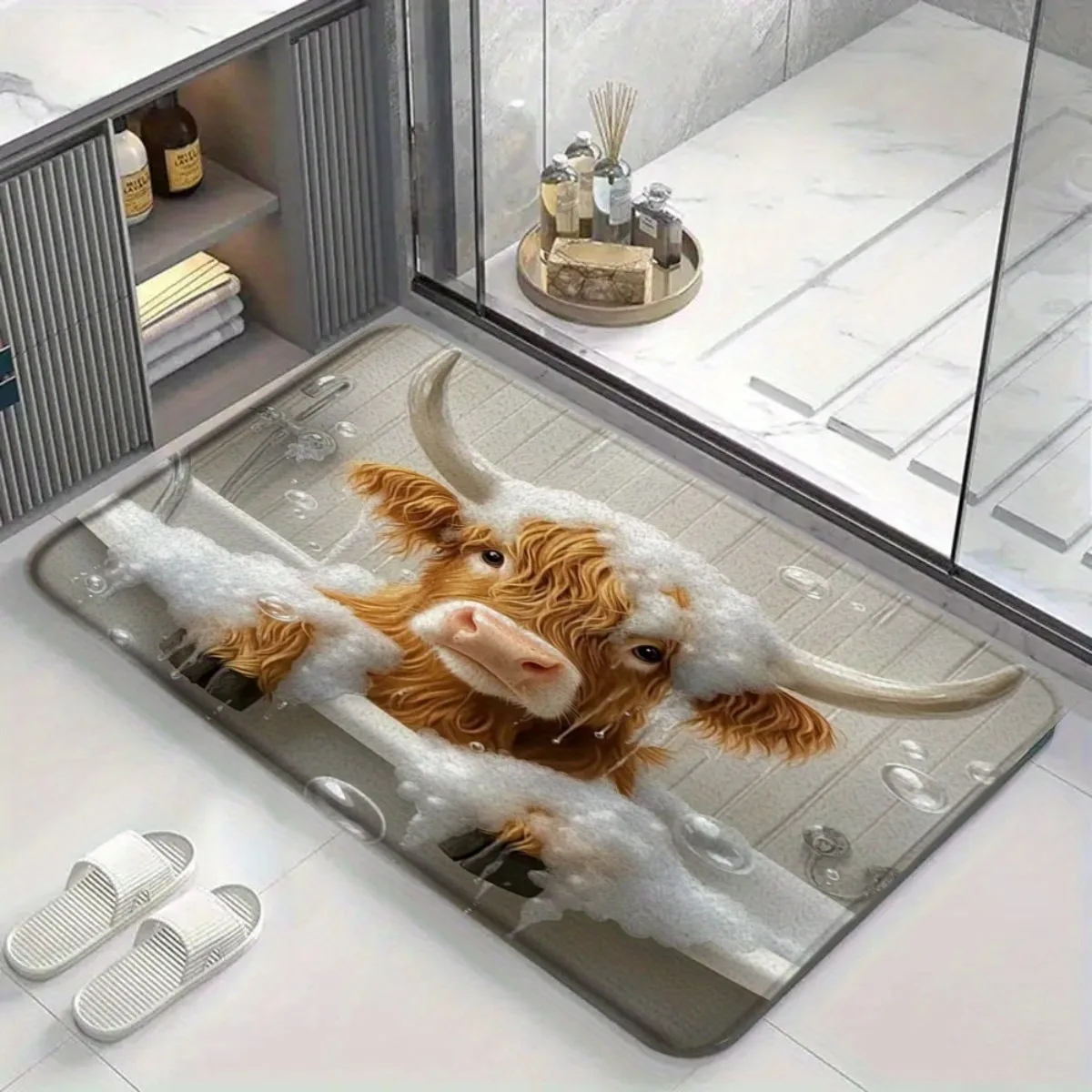 Highland Cow Design Bath Mat, 17.72 X 29.53 Inches, Whimsical, Perfect for Bathrooms, Showers, Laundry Rooms, Bedrooms, Living