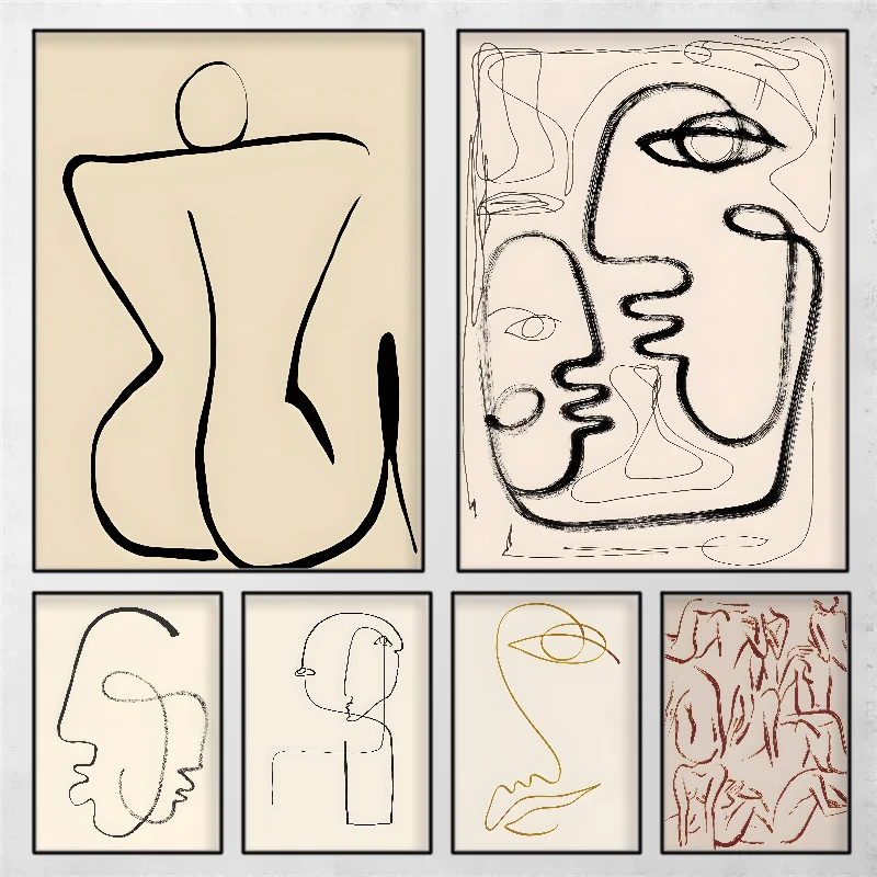 1PC Line Drew Face Minimalist Abstract Poster Self-adhesive Art Waterproof Paper Sticker Coffee House Bar Room Wall Decor