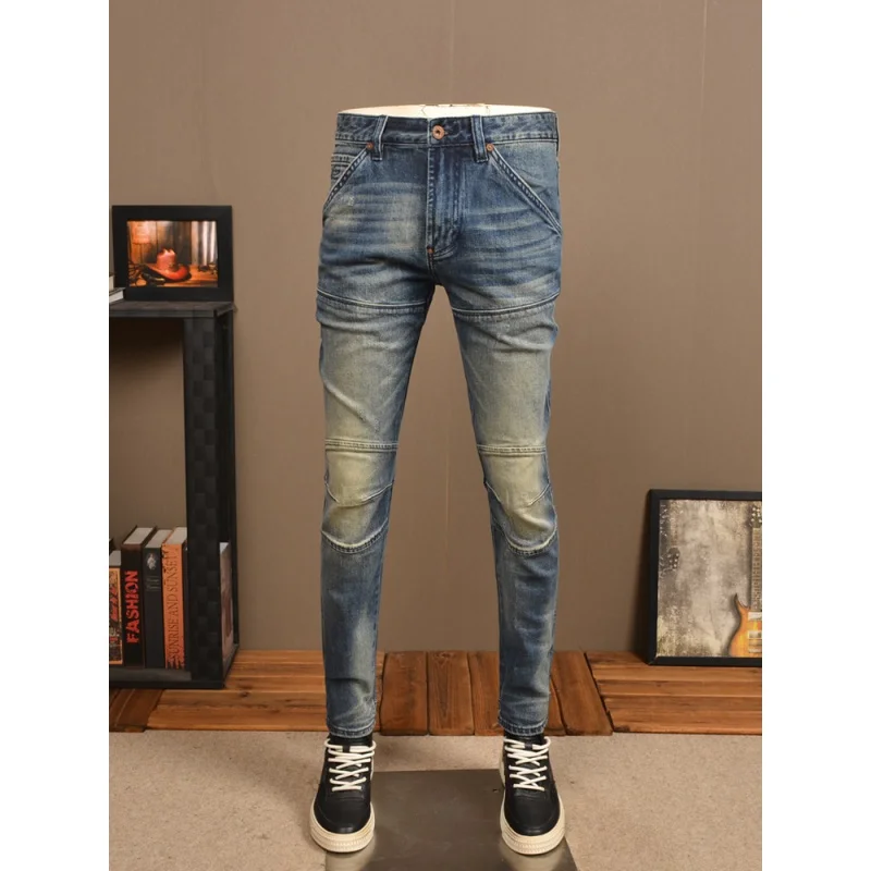 Retro Distressed Stitching Jeans Men's Fashionable Slim Fit Skinny Stretch High-End Casual Tight Motorcycle Men's Pants