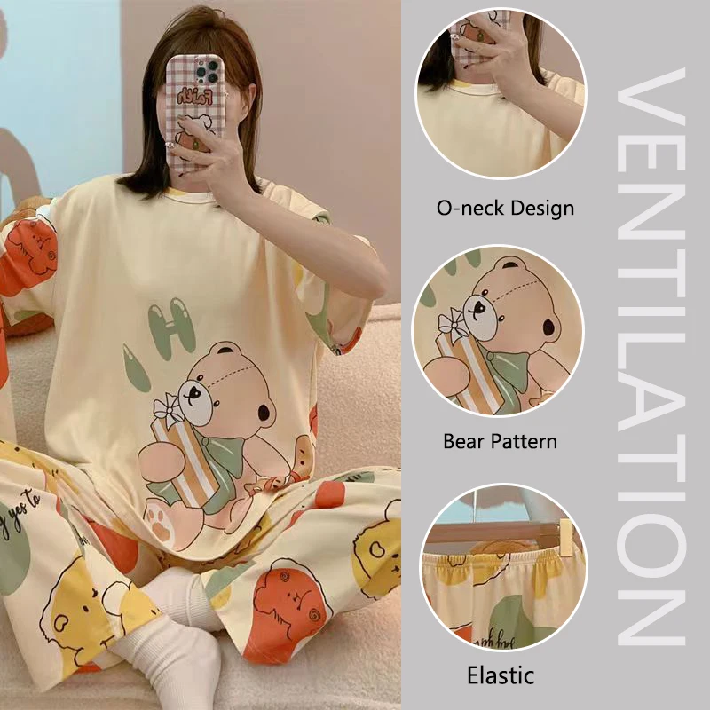 Three Piece Bear & Cow Patterned Casual Women Pajamas Young Girls Floral Colorful Sleepwear Round Neck Loungewear Cute Homewear