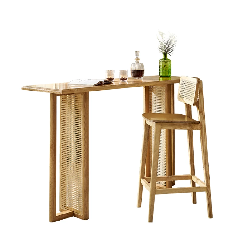 Bar Stool Modern Minimalist Bar Chair High-Legged Solid Wood Rattan Bar Stool