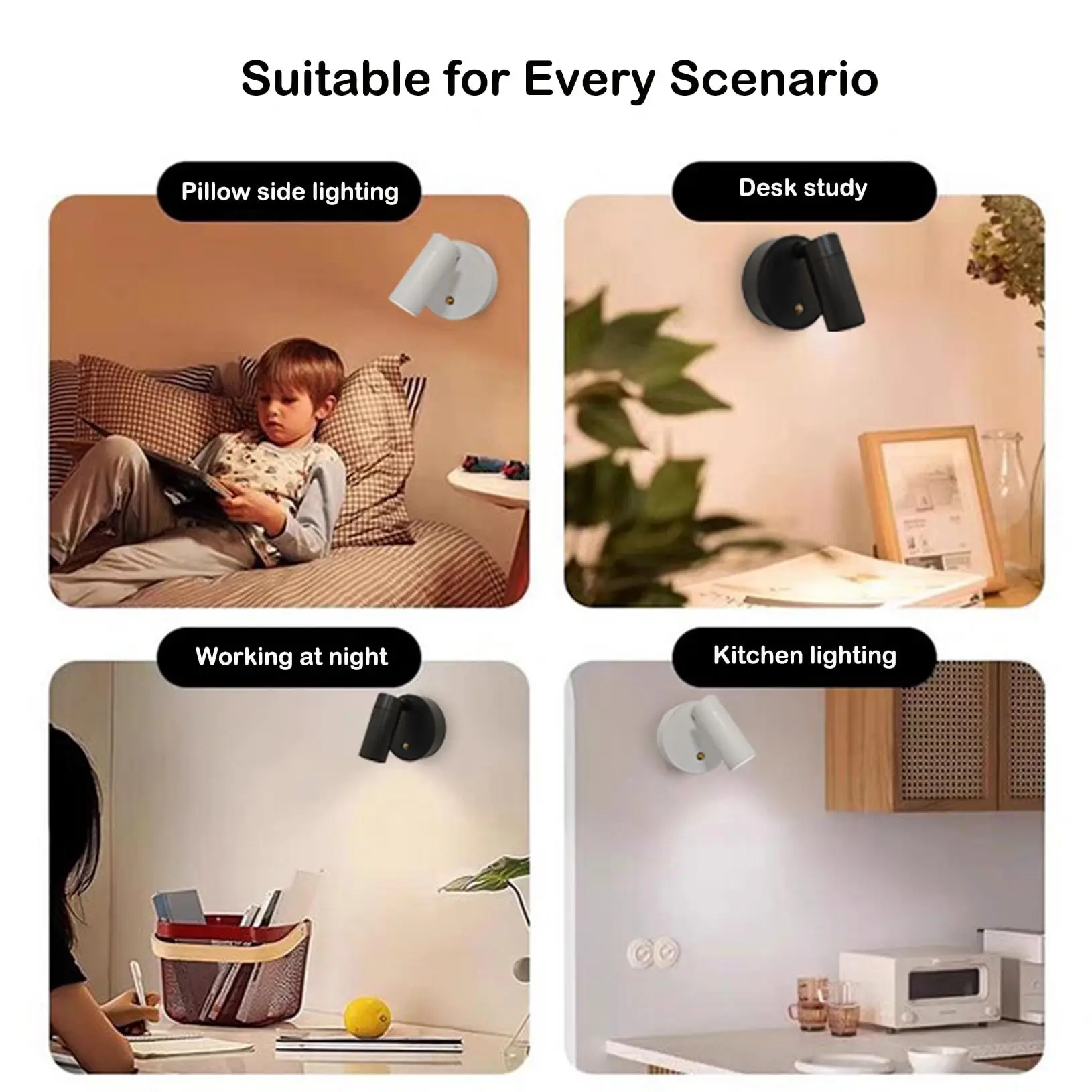 قاعدة مغناطيسية USB قابلة لإعادة الشحن LED مصباح جداري لاسلكي مع مفتاح لمس أسود وأبيض مغناطيس مصباح بجانب السرير قابل للتعتيم للقراءة