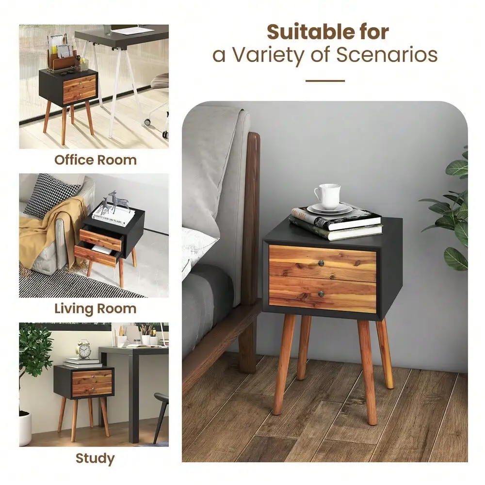 2PCS Nightstand Mid-Century End Side Table Living Room W/2 Drawer