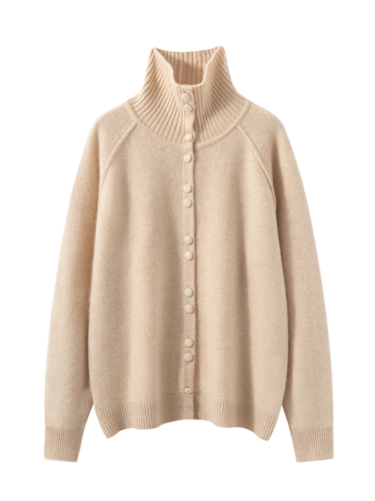 

TLOML New Chic Women100% Cashmere Sweater Turtleneck Buttons Knitting Cardigan Autumn Winter Thick Cashmere Knitwear Casual Tops