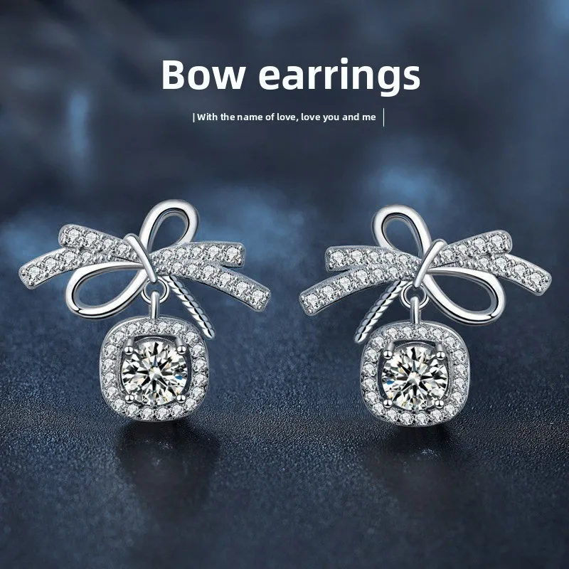 Elegant S925 Sterling Silver 0.5ct*2 Moissanite Earrings - Bow & Fringe Design Jewelry for Women