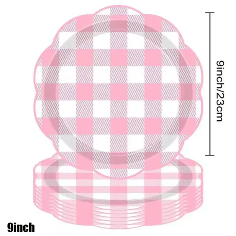 Spitzenrosa Kariertes Einweggeschirr, Pappteller, Becher, Servietten, Tischdecken, Geburtstag Babyparty, Hochzeitsfeier-Zubehör – Detail 4