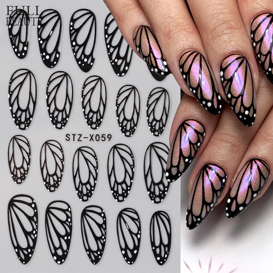 Stunning Black Butterfly Wings Nail Stickers Elegant Spring Nail Designs 3D Self-Adhesive Foils Decals DIY Nail Art Decorations