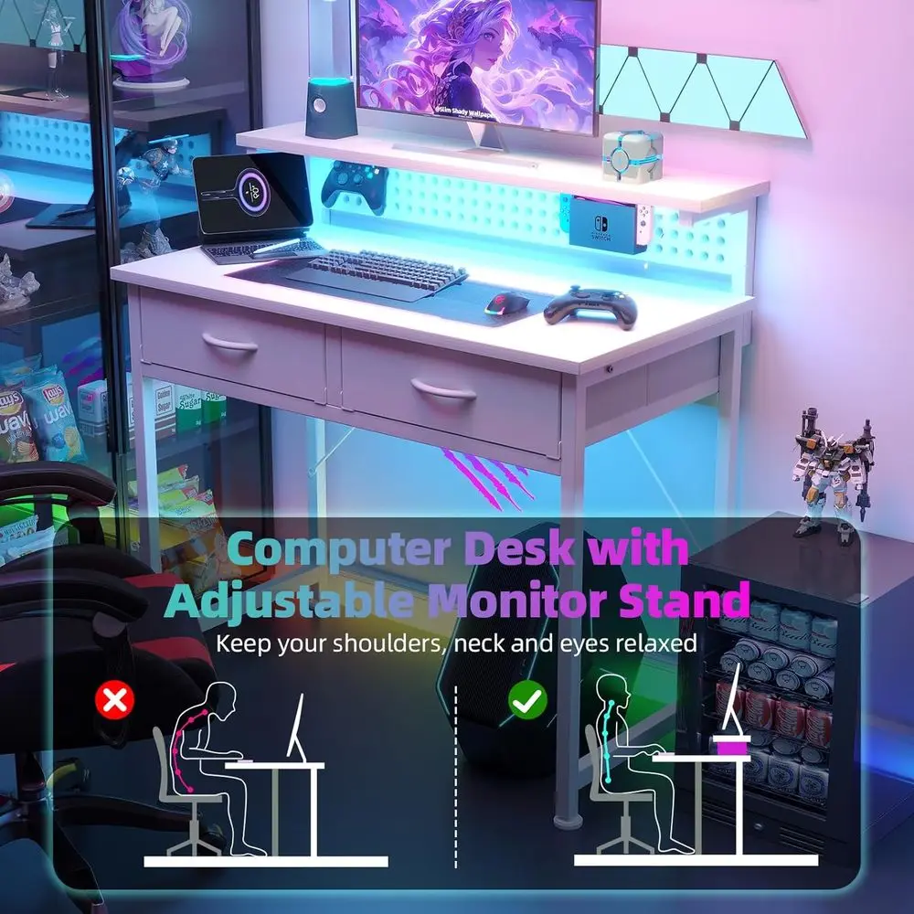 Small Desk with Drawers, 31 Inch Computer Desk with Power Outlet & LED Light, Gaming Desk with Adjustable Monitor Stand & Pegboa