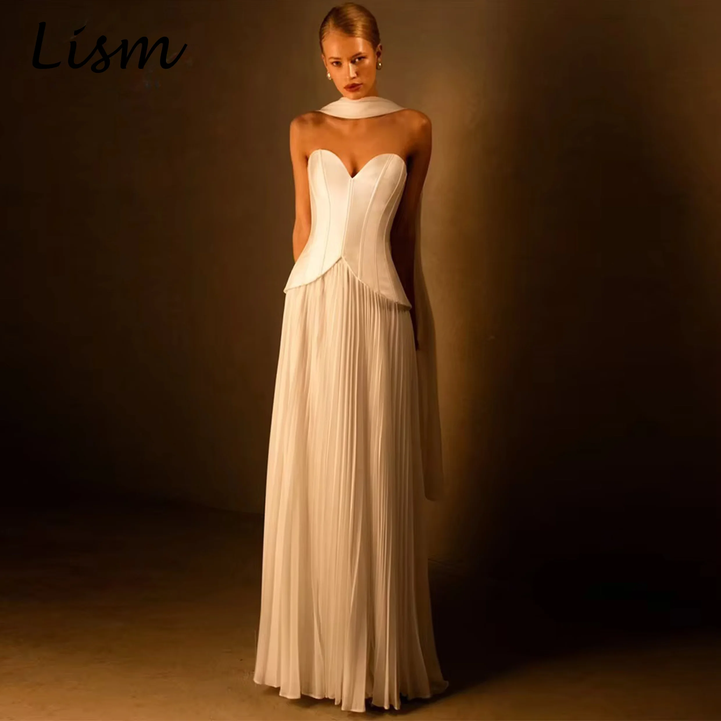 Lism Simple A-line Satin Wedding Dress with Scarf 2026 Chiffon Sweetheart Sleeveless Ruffled Bridal Gown Lace-up 2026 Customized