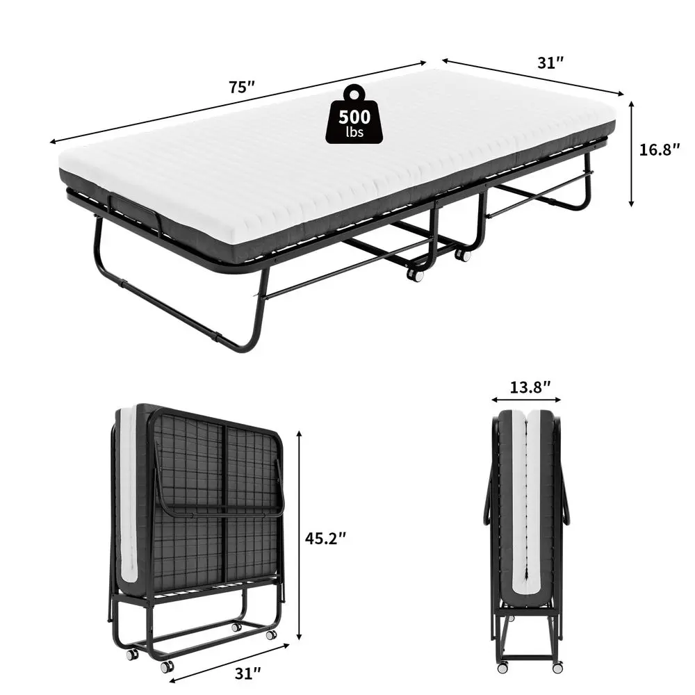 

Bed with Mattress, Foldable Roll Away Bed for Adults 75x31, Portable Fold Up Guest Beds with 5 Inch Mattress Include Memory Foa