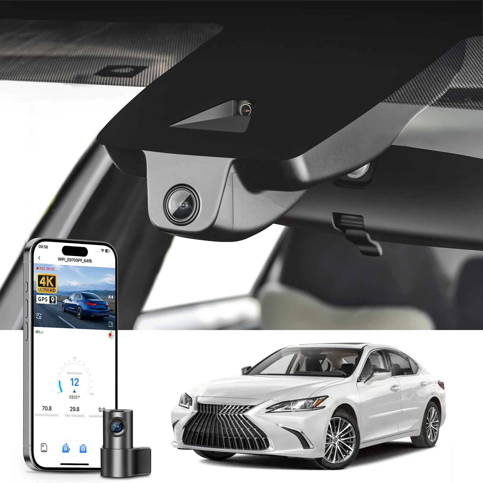 Câmera Veicular 4K Dedicada para Lexus ES & Lexus GS ES350 ES300h, Gravador de Vídeo para Carro 2016-2025, WiFi & APP GPS, Plug and Play