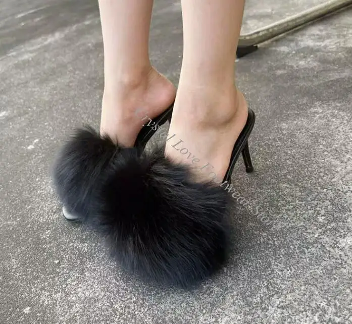 Fashion Big White Black Real Fox Fur Peep Toe Sandals Summer High Heels Slingbacks Woman Runway Shoes view 5