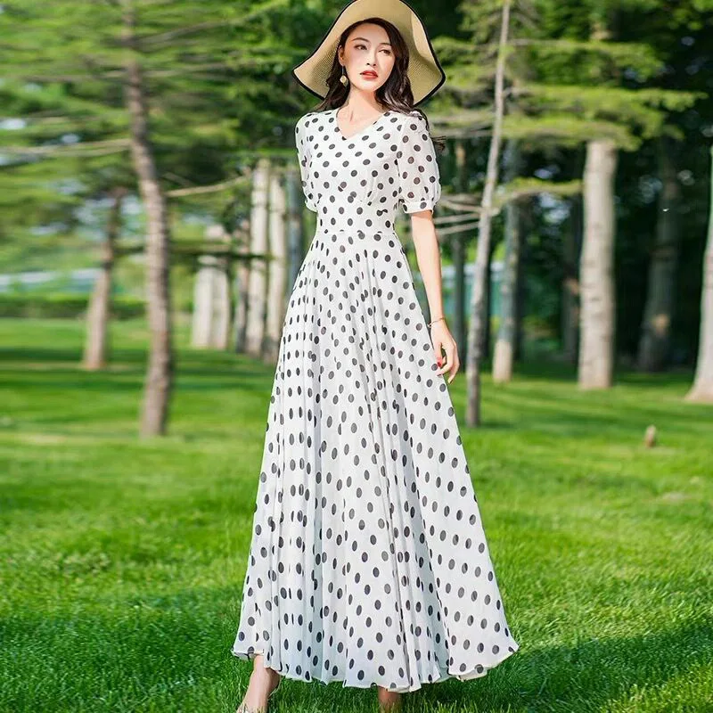 Women's Clothing Red Polka Dot  Summer Dress New Vacation Bohemian Beach Chiffon Long Dresses Female Vestidos Elegant Lady Dress - view 5