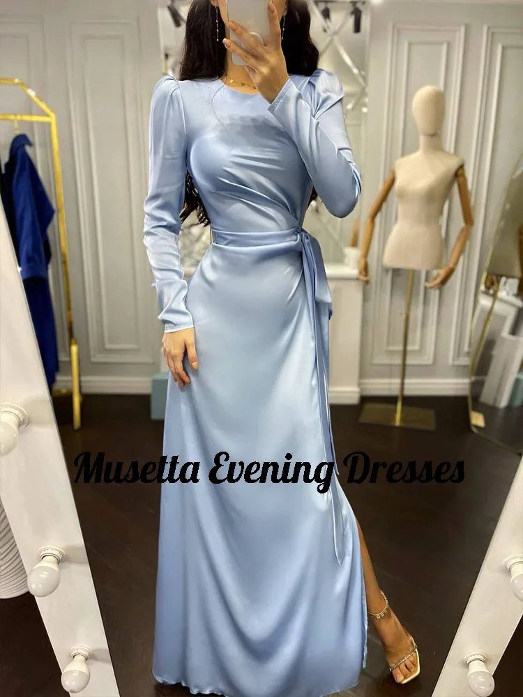 Musetta Simple Solid Satin Evening Gown Women O-Neck Long Sleeves Ruched Formal Prom Dress Side Slit Robe De Soirée Customized