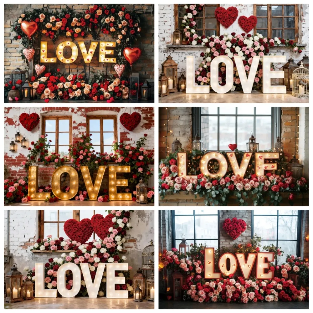 

Valentine's Day Rose Heart-shaped Balloon Theme Decoration Photography Background, Romantic Couple Portrait Photography Backdrop